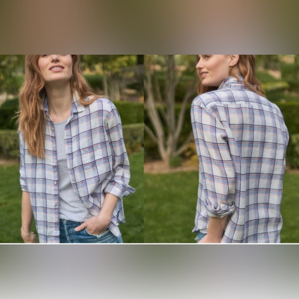 Frank & Eileen Relaxed Eileen Classic linen Shirt in Plaid White/Sky Blue; S